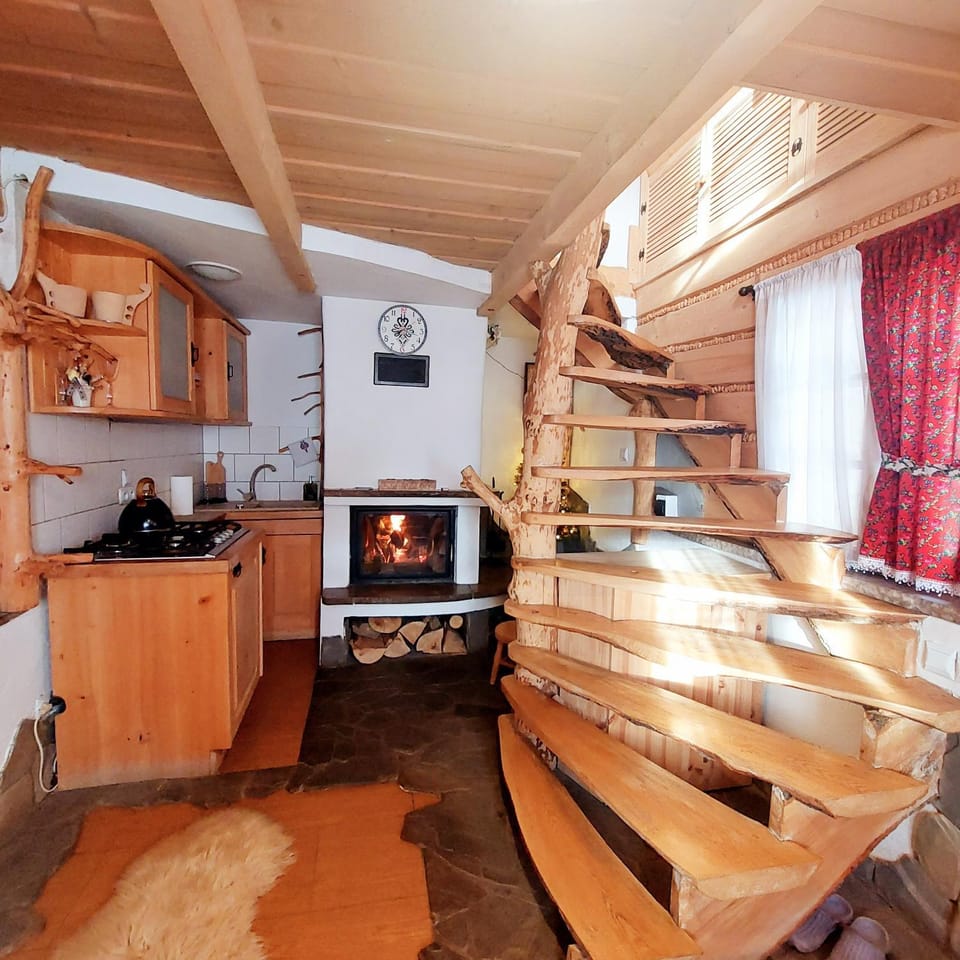 Kitchen or kitchenette, fireplace