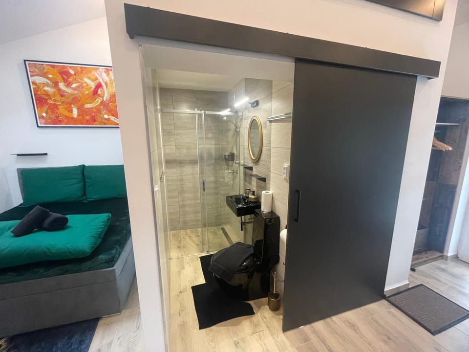 Shower, Toilet, Bed, Bathroom, Bedroom