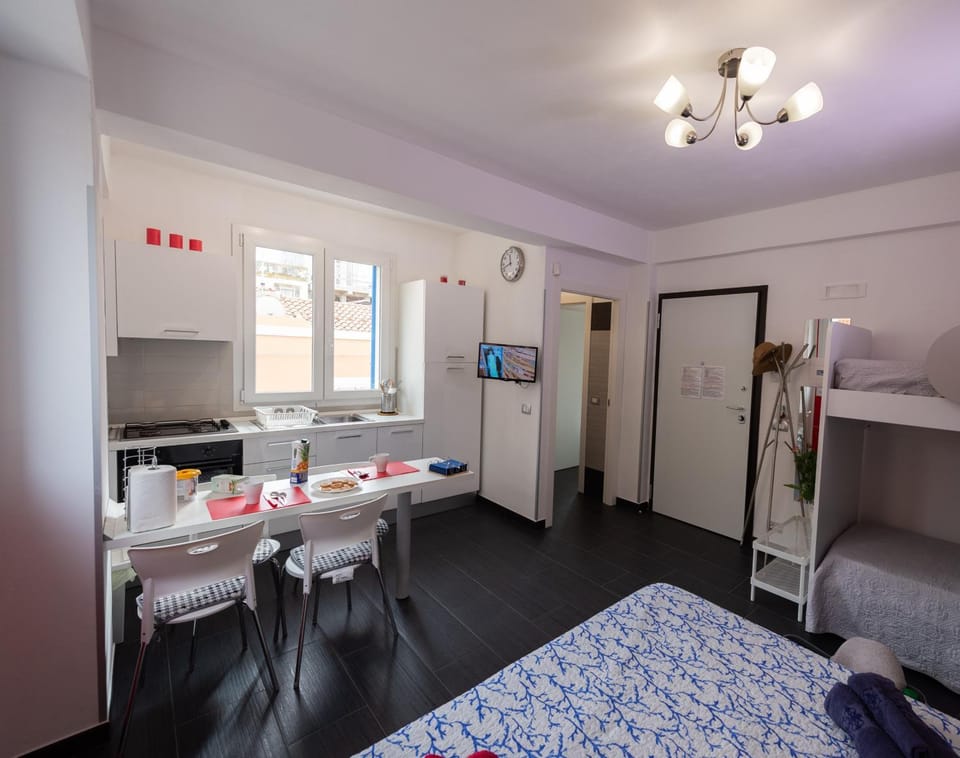 Bed, TV and multimedia, Kitchen or kitchenette, Photo of the whole room, Dining area, Bedroom, bunk bed, wardrobe