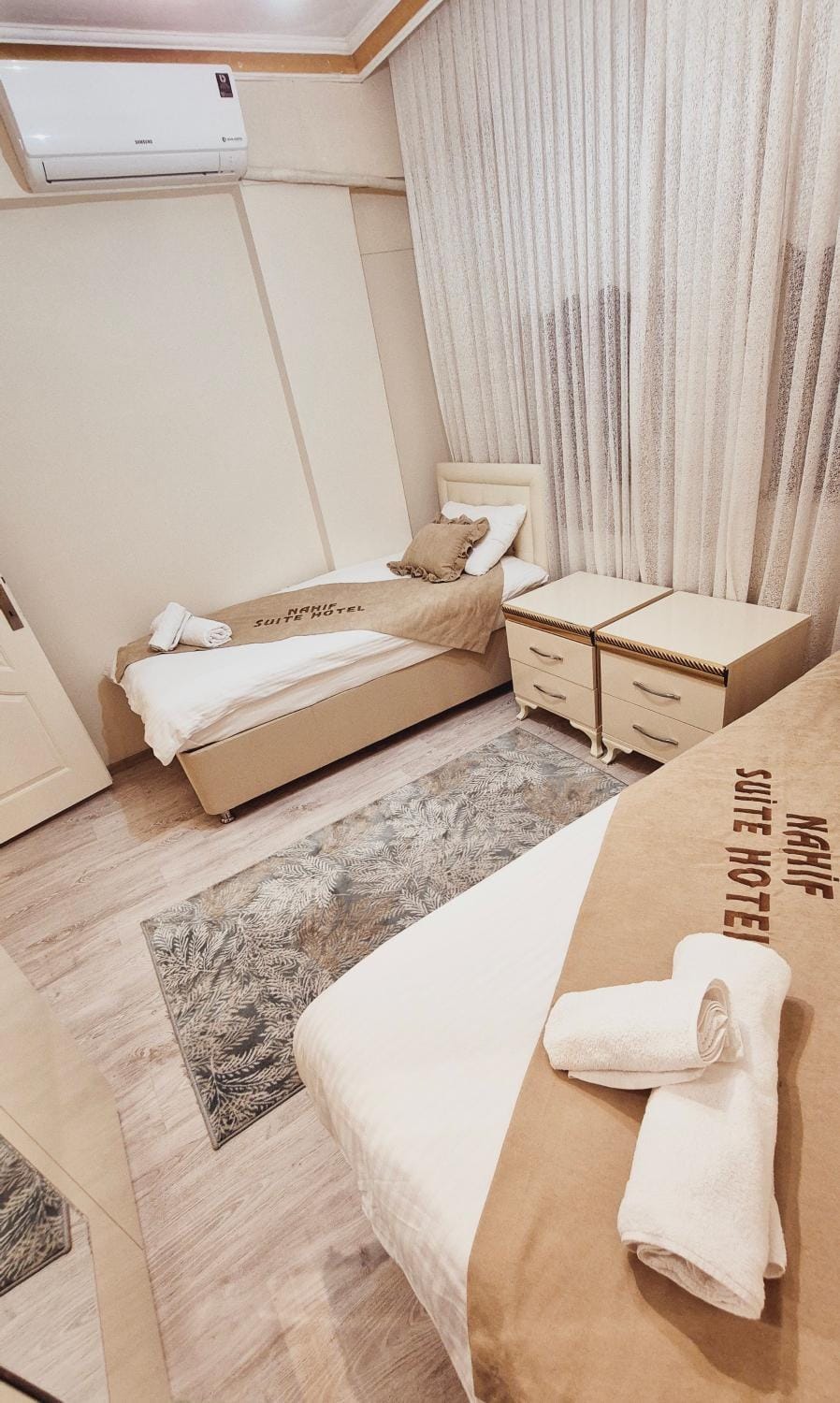Bed, Photo of the whole room, Bedroom, towels, air conditioner