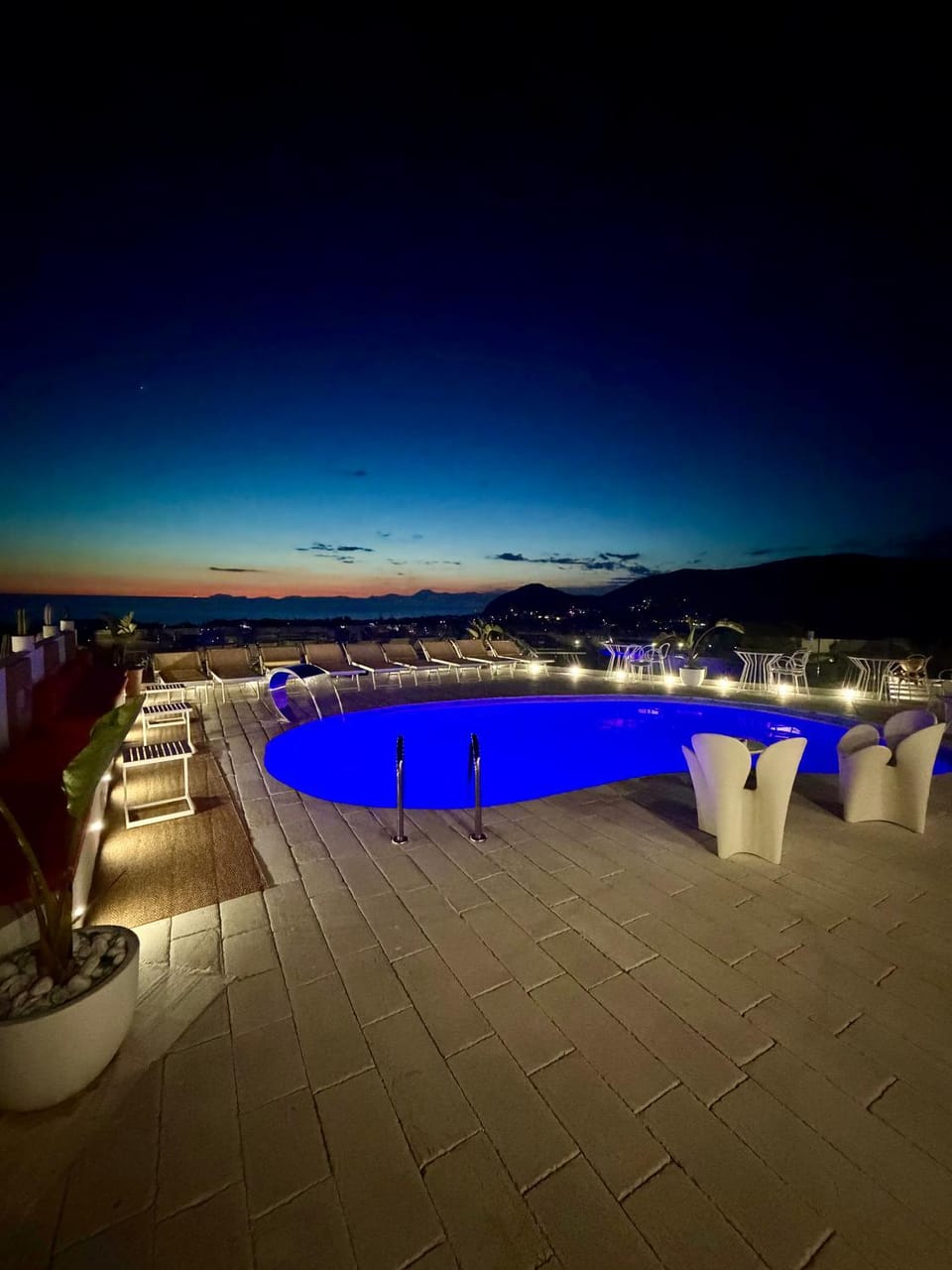 Night, Natural landscape, Pool view, Swimming pool, sunbed