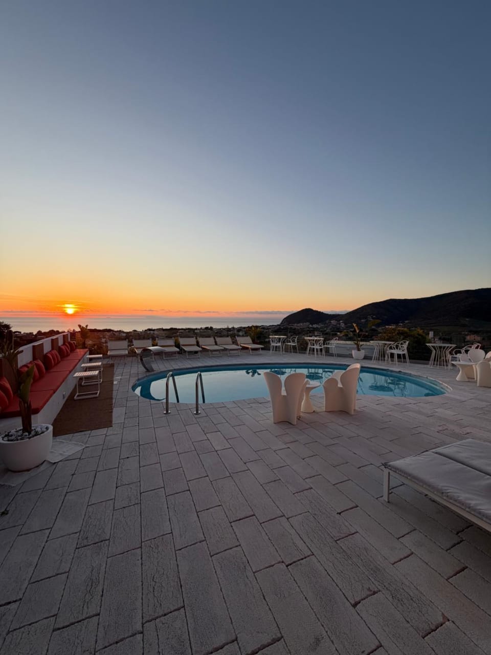 Natural landscape, Pool view, Swimming pool, Sunset, sunbed