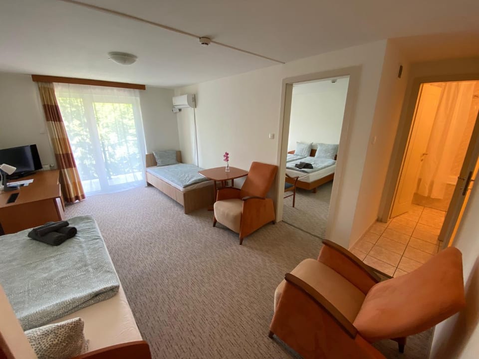 Bed, TV and multimedia, Living room, Seating area, Bedroom