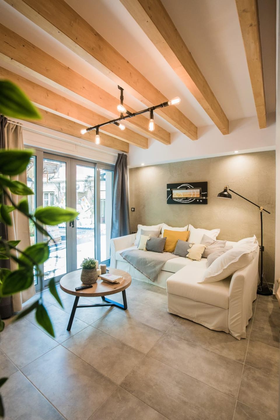 Living room, Seating area, City view, Quiet street view