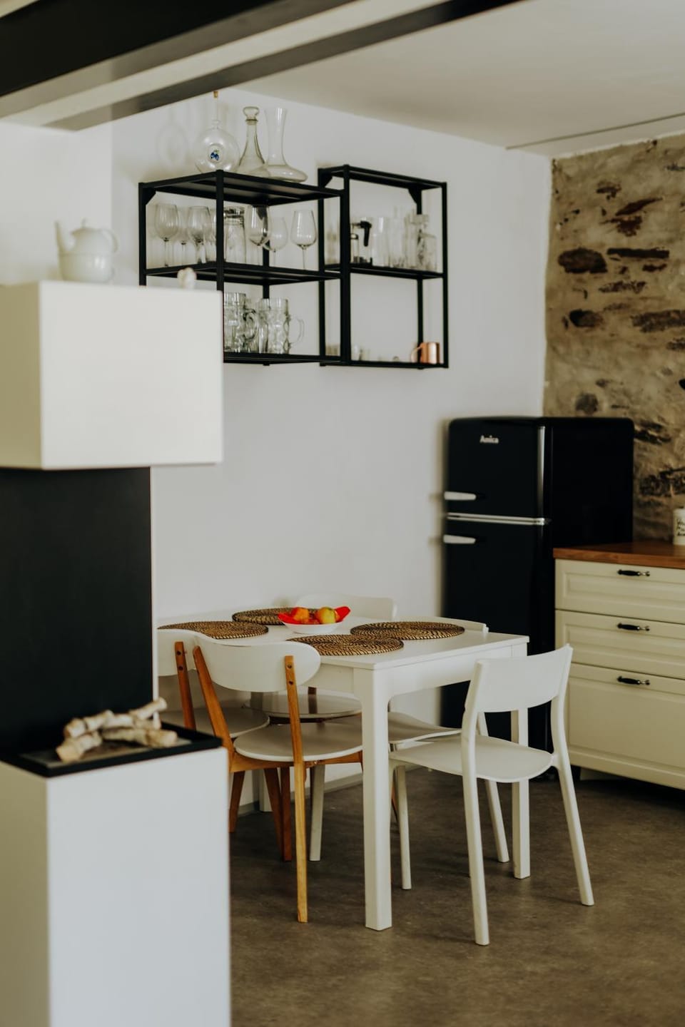 fireplace, kitchen