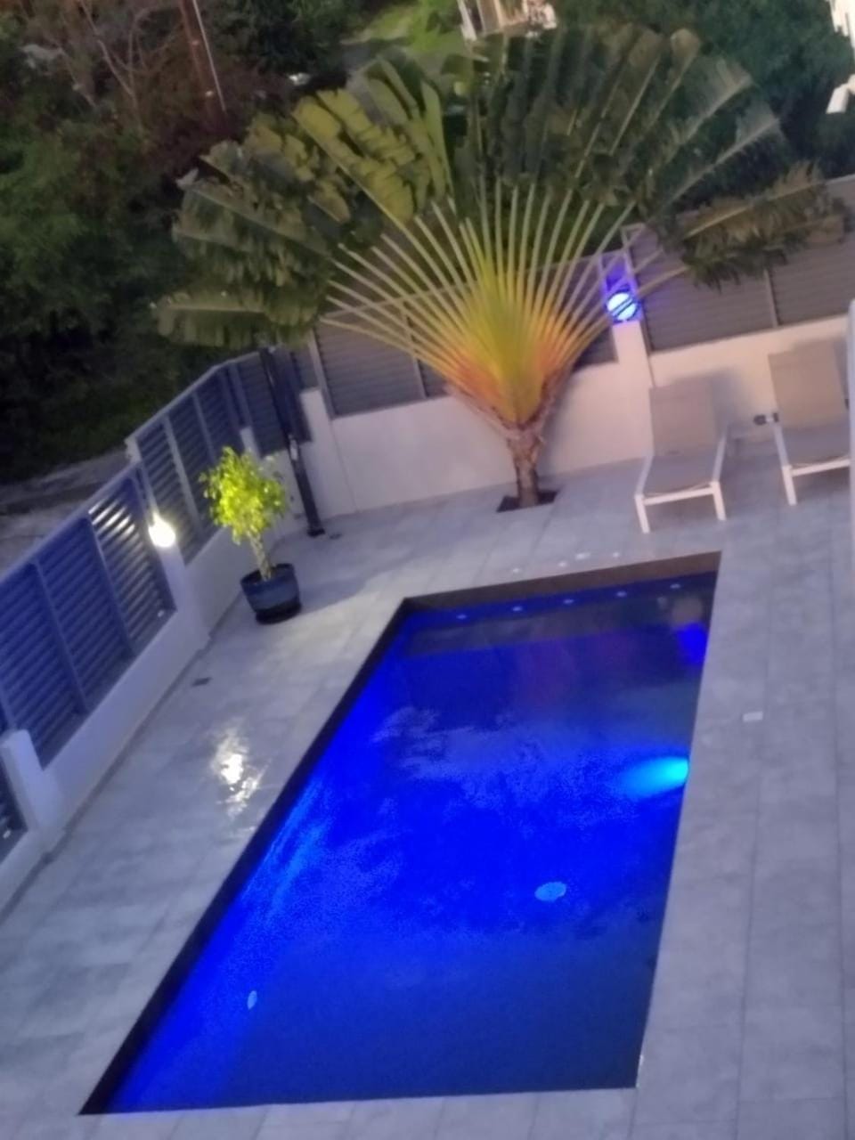 Night, Pool view, Swimming pool, sunbed