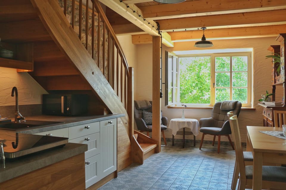Kitchen or kitchenette, Living room, Seating area, Dining area