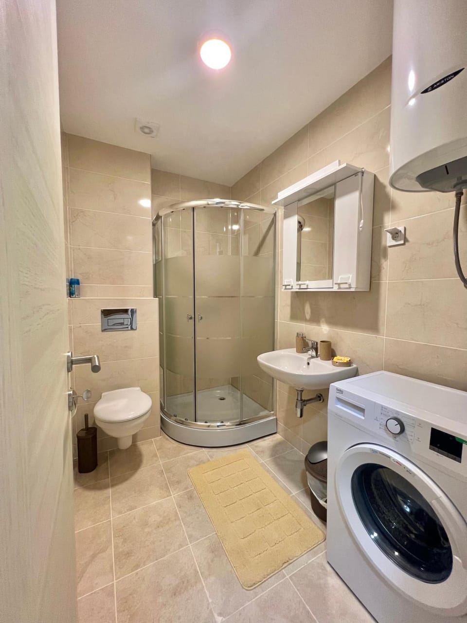 Shower, Bathroom, towels, washing machine, dryer