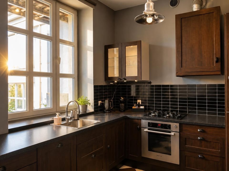 Kitchen or kitchenette, stove, kitchen