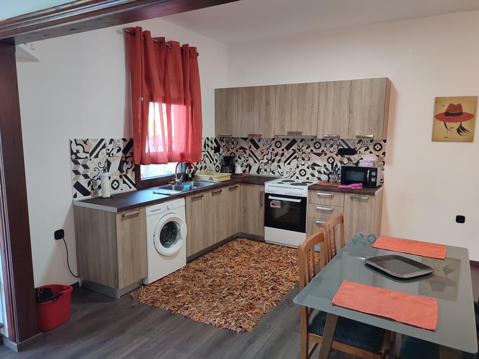 Kitchen or kitchenette, Dining area, oven, stove, washing machine