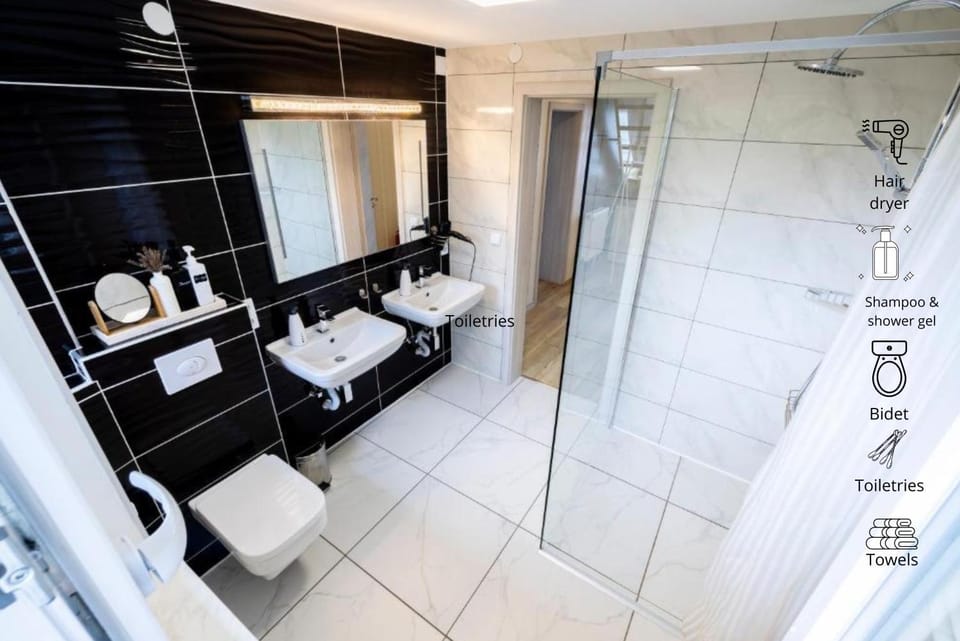 Shower, Toilet, Bathroom, bidet, hair dryier, towels