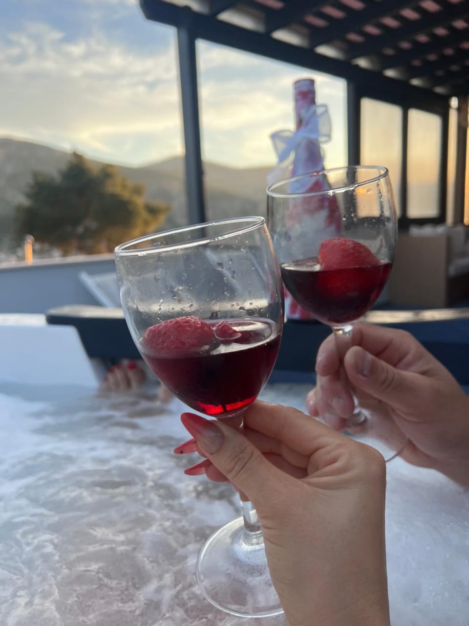 People, Natural landscape, Hot Tub, Food and drinks, Mountain view, Drinks, Alcoholic drinks, group of guests