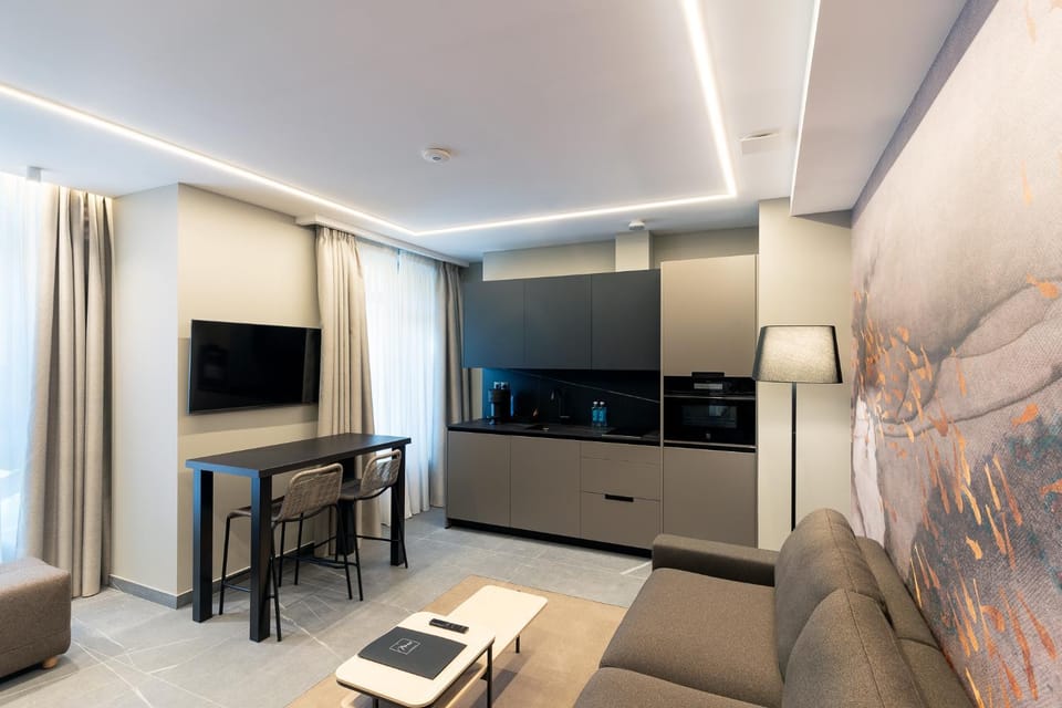 TV and multimedia, Kitchen or kitchenette, Living room, Photo of the whole room, Dining area