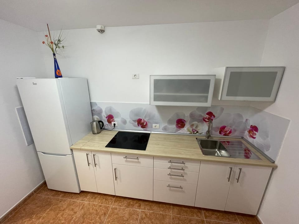 Kitchen or kitchenette, stove