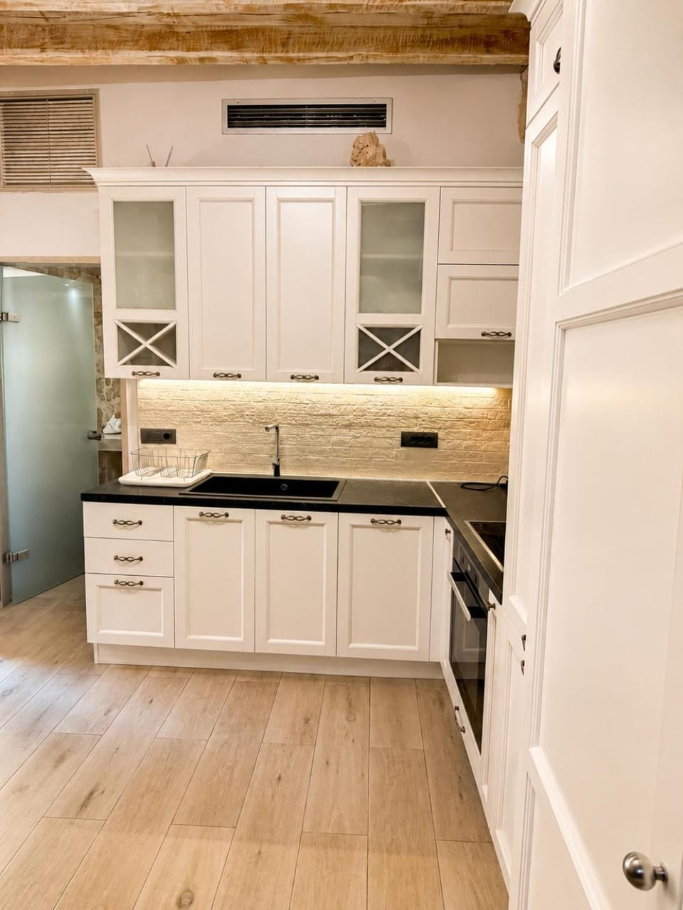 Kitchen or kitchenette, stove