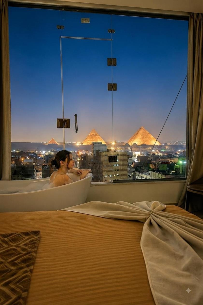Bed, Night, Natural landscape, View (from property/room), Balcony/Terrace, Living room, Photo of the whole room, Seating area, Bedroom, City view, Mountain view