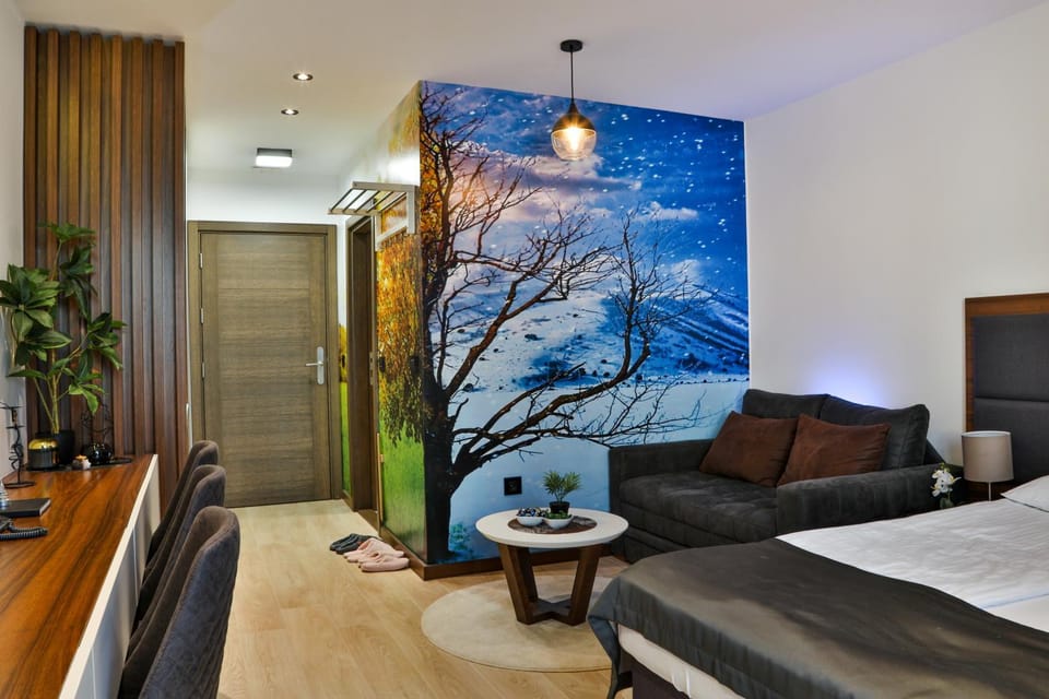 Bed, Living room, Seating area