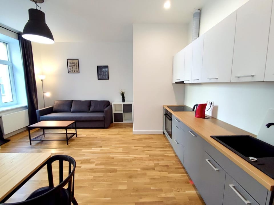 Kitchen or kitchenette, Living room, Seating area, Dining area
