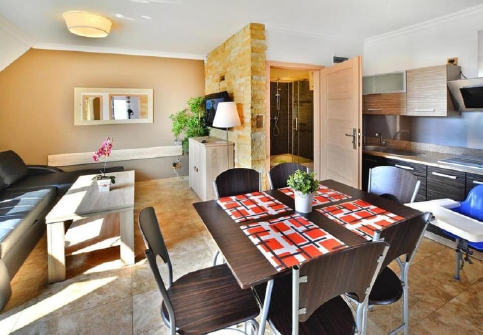 Kitchen or kitchenette, Living room, Seating area, Dining area