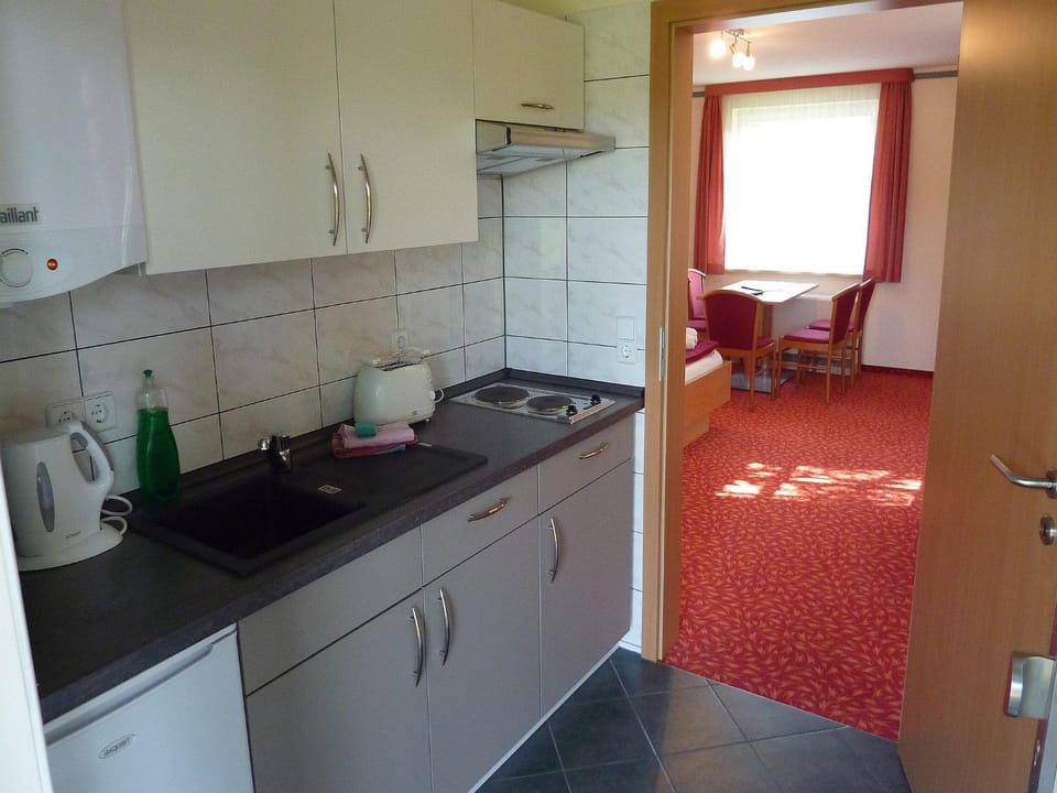 Coffee/tea facilities, Kitchen or kitchenette, Living room, Photo of the whole room, Decorative detail, Bedroom