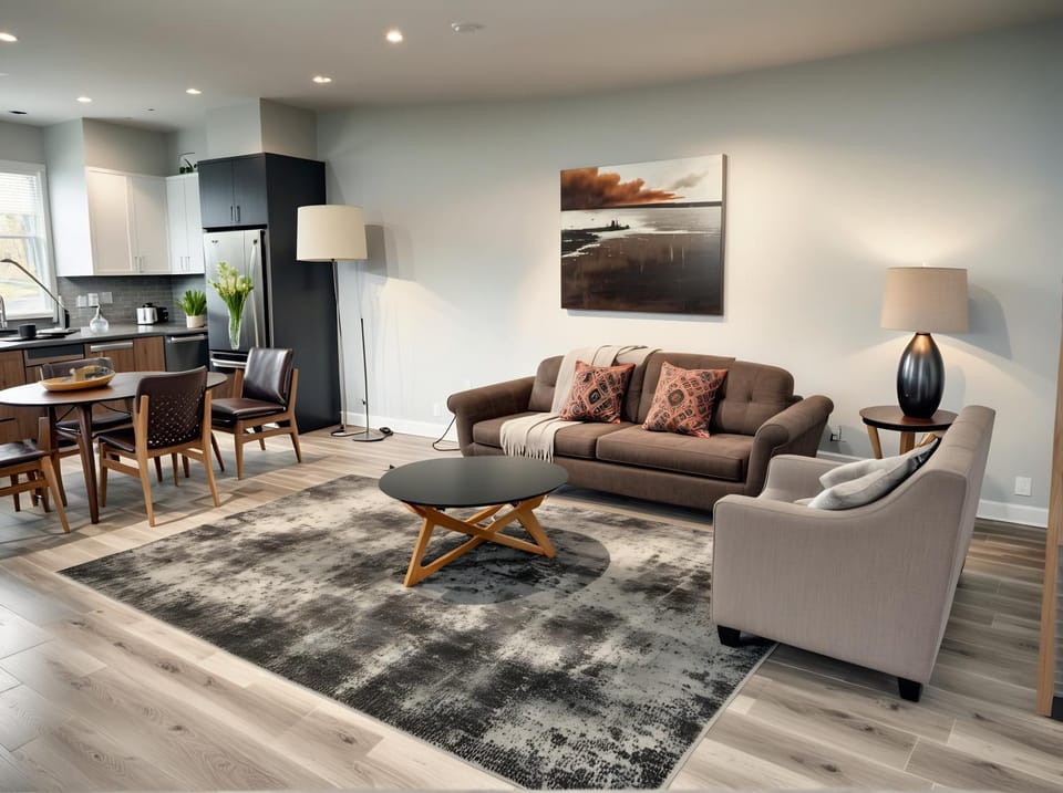 Kitchen or kitchenette, Living room, Seating area, Dining area