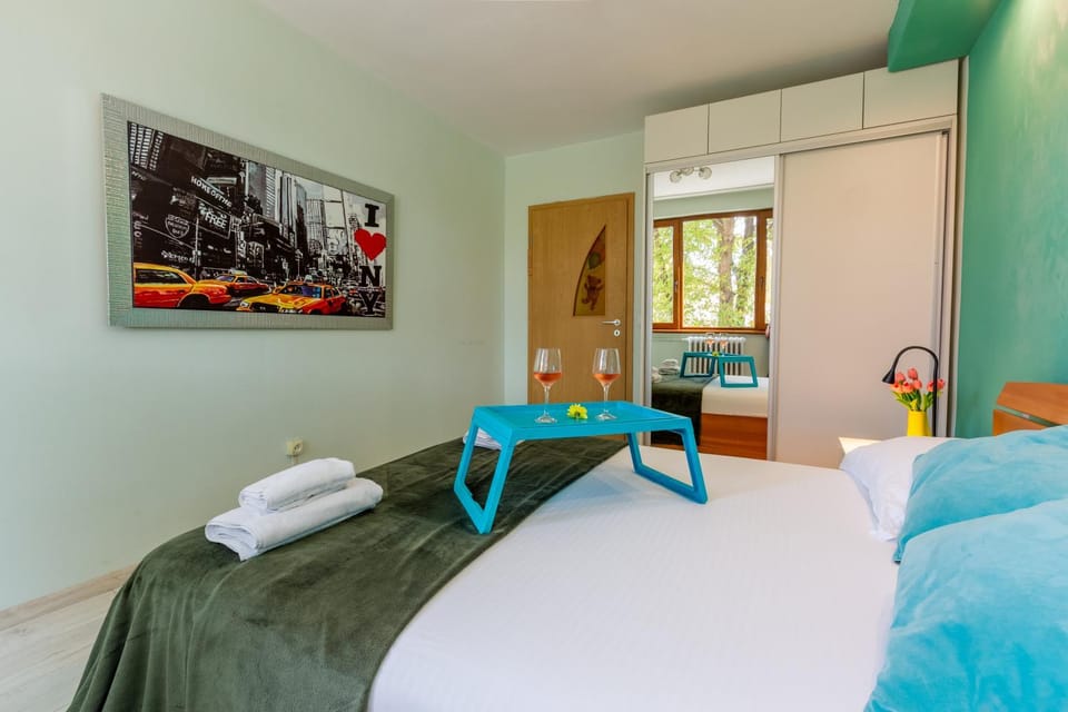 Bed, Photo of the whole room, Seating area, Bedroom, towels, air conditioner