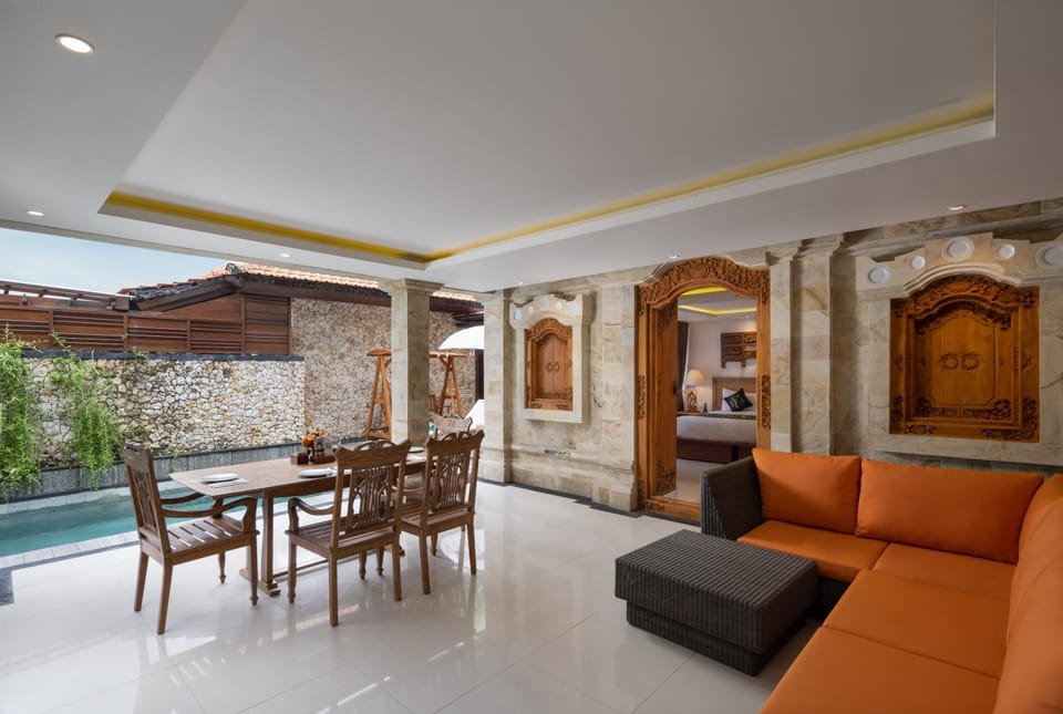 Patio, Living room, Seating area, Pool view, Swimming pool, sunbed