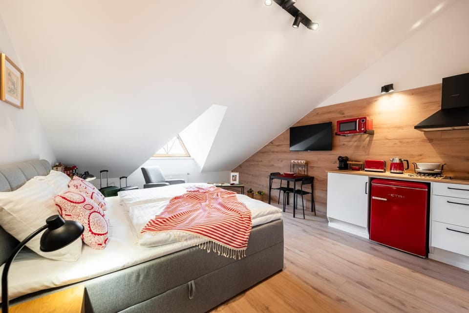 Bed, microwave, stove, kitchen, air conditioner