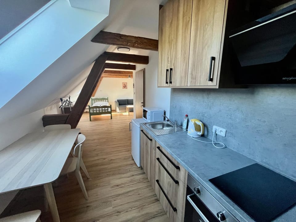 Kitchen or kitchenette, stove