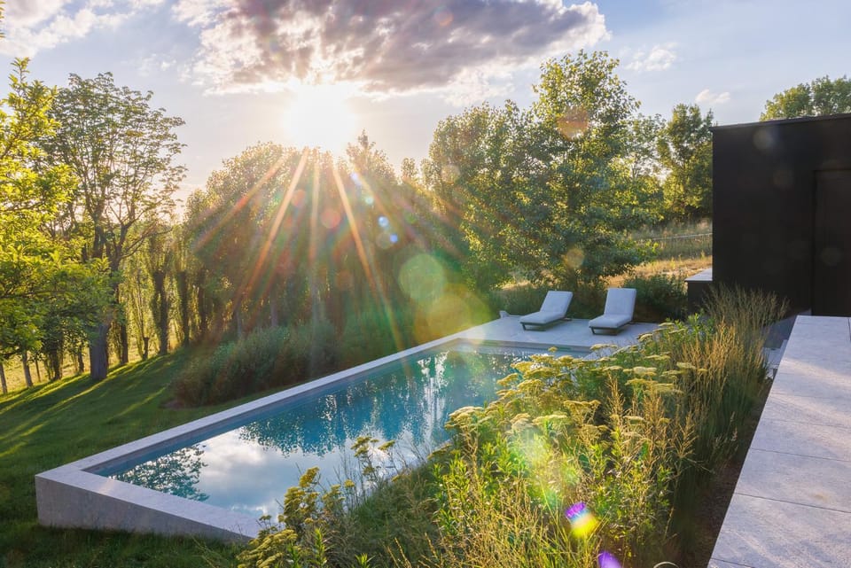 Natural landscape, Garden, Garden view, Pool view, Swimming pool, Sunset, sunbed