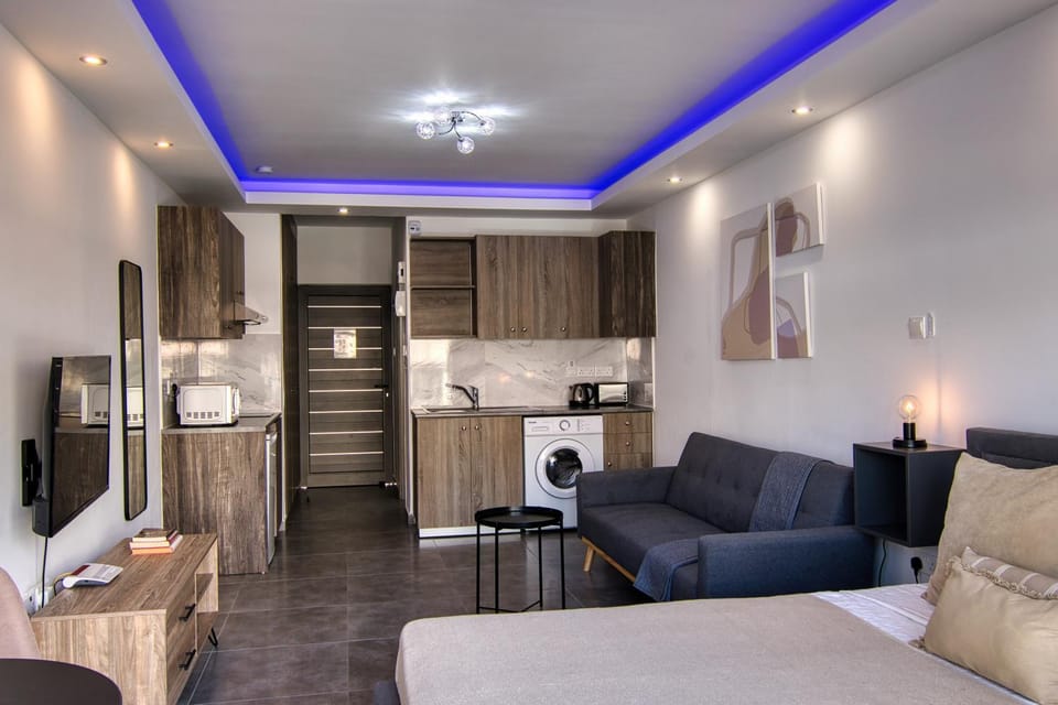 Bed, TV and multimedia, Kitchen or kitchenette, Living room, Photo of the whole room, Seating area, Bedroom