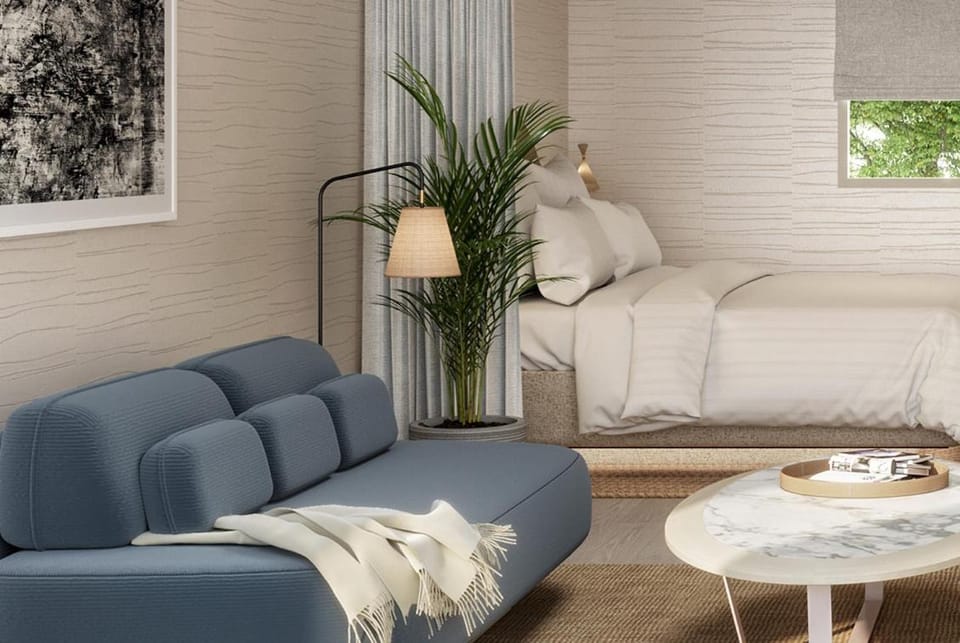Bed, Living room, Seating area