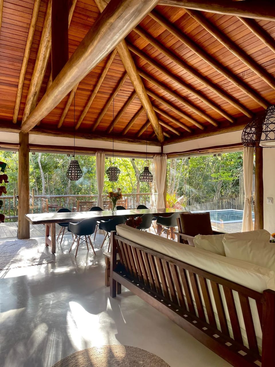 Patio, Living room, Seating area, Dining area, Pool view, Swimming pool