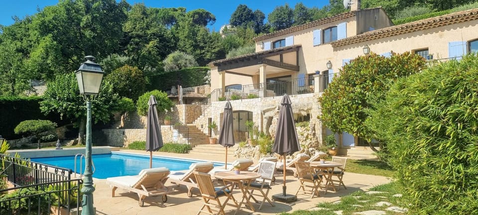 Property building, Patio, Spring, Day, Natural landscape, Garden, View (from property/room), Balcony/Terrace, Garden view, Pool view, Swimming pool, sunbed, Internal: Not applicable to any particular room