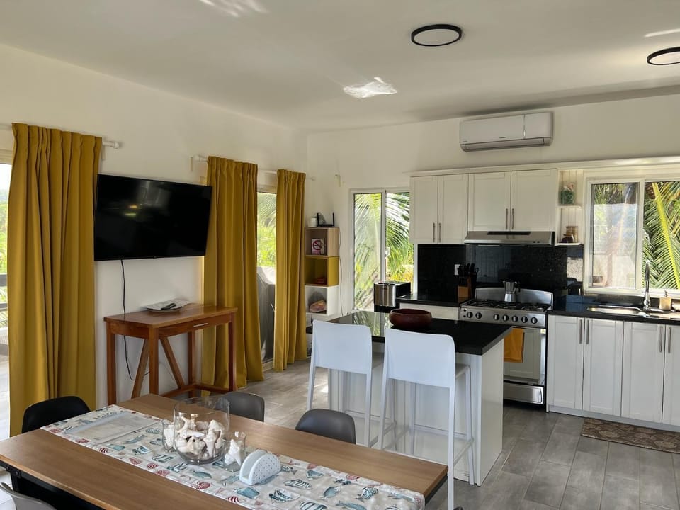 Kitchen or kitchenette, Living room, Seating area, Dining area, stove