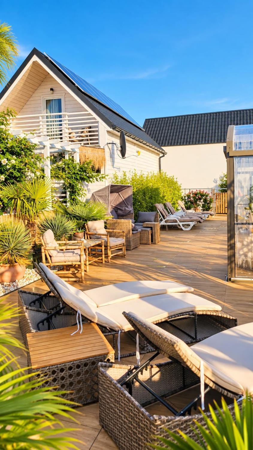 Property building, Patio, Garden, Swimming pool