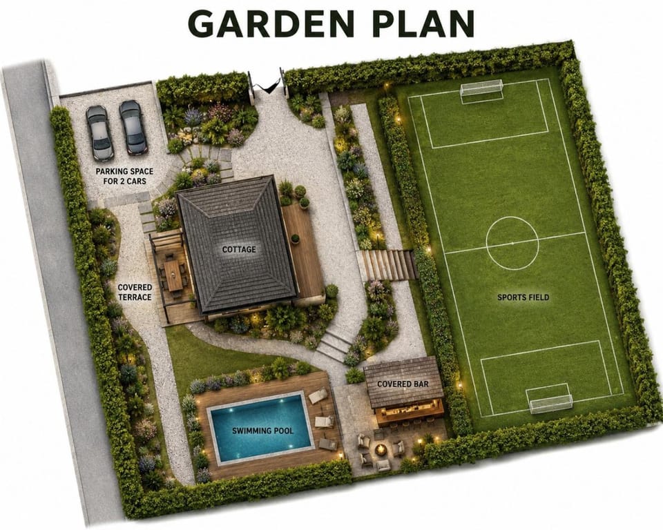 Property building, Day, Natural landscape, Garden, Floor plan, Garden view, Pool view, Swimming pool
