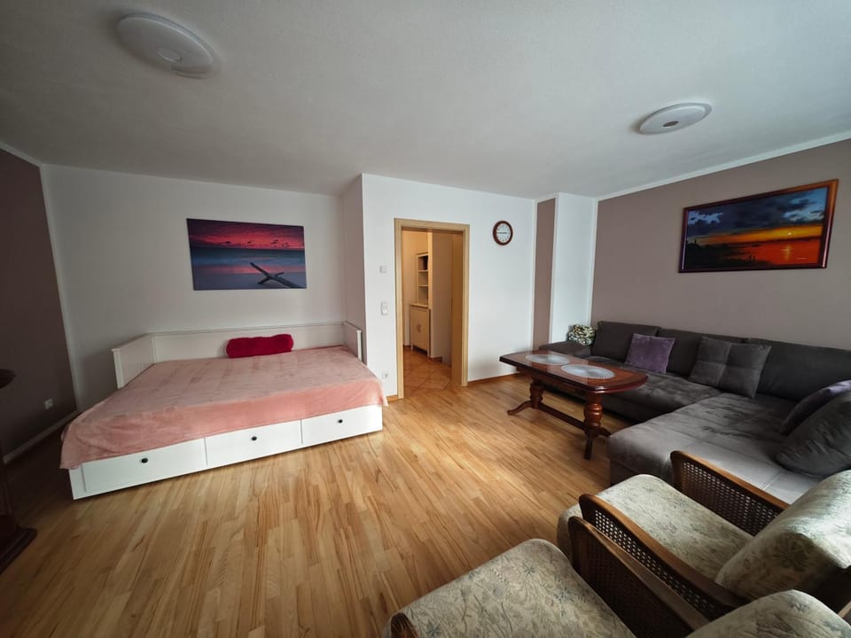 Bed, Living room, Seating area