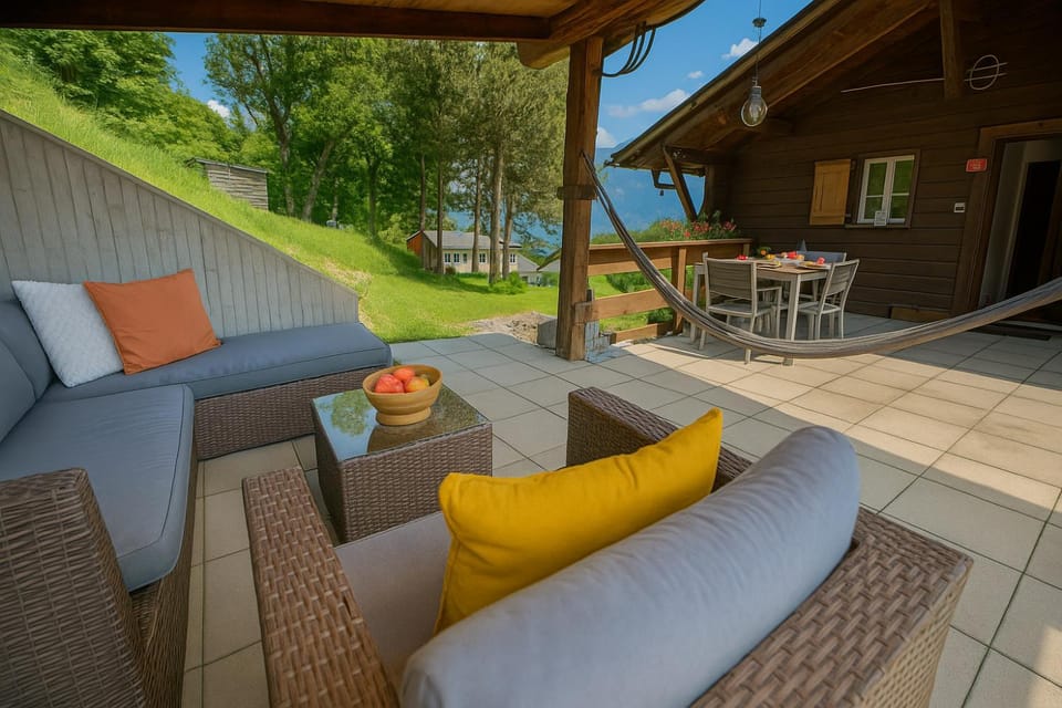 Property building, Patio, Spring, Day, Natural landscape, Garden, View (from property/room), Balcony/Terrace, Living room, Seating area, Garden view