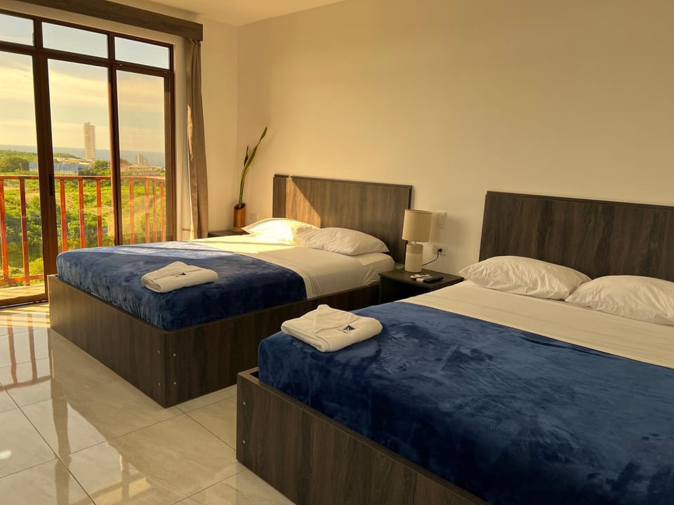 Bed, Garden view, towels
