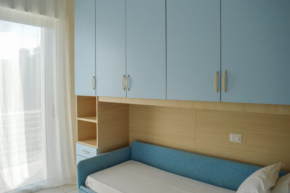 Bed, wardrobe
