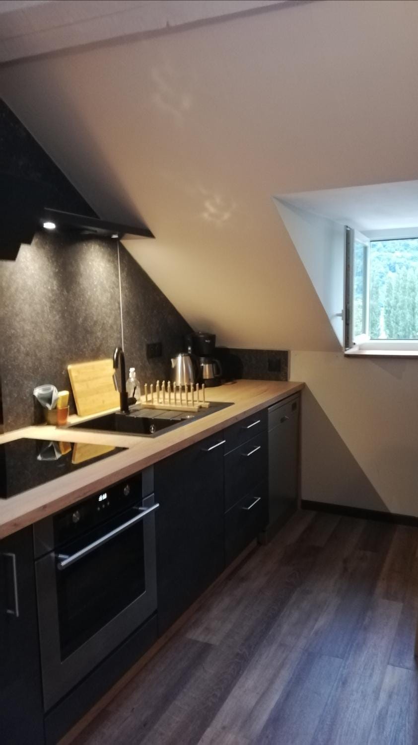 Kitchen or kitchenette, stove