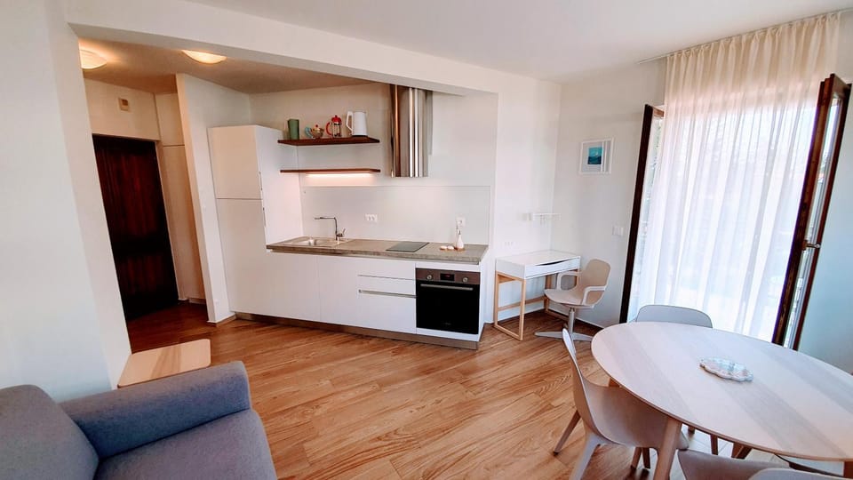 Kitchen or kitchenette, Living room, Seating area, Dining area