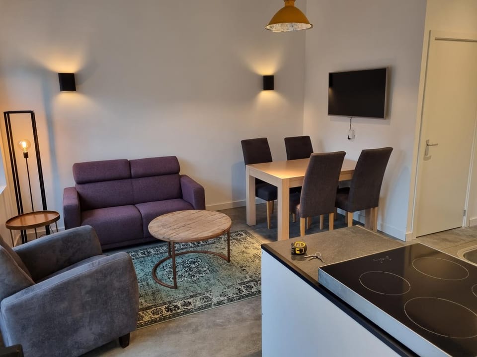 Kitchen or kitchenette, Living room, Seating area, Dining area