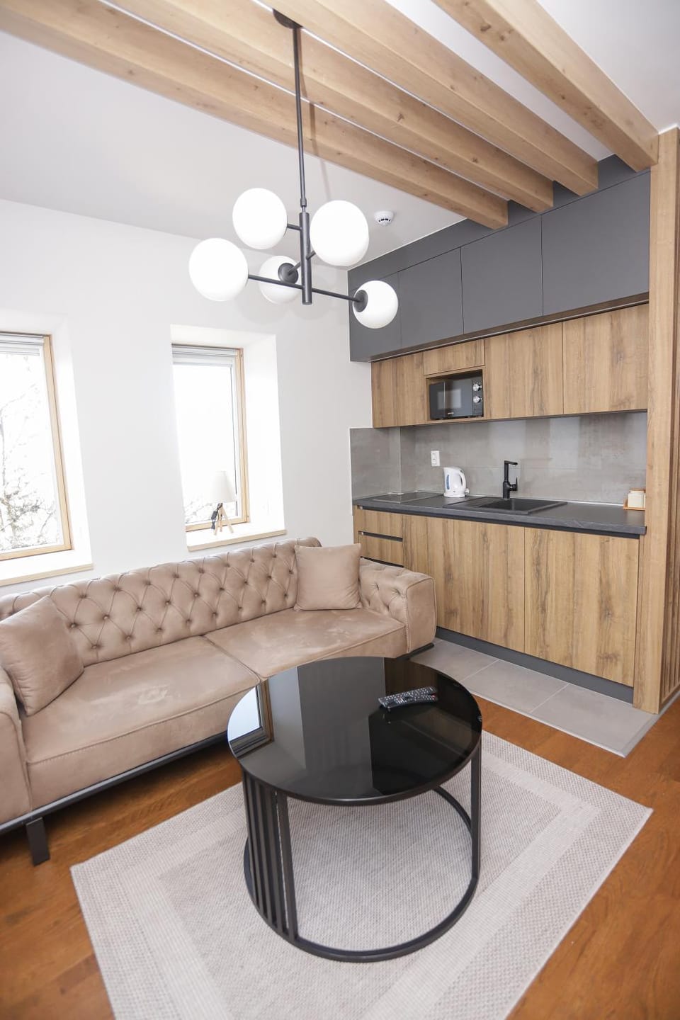 Kitchen or kitchenette, Living room, Seating area