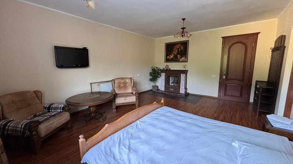 Bed, TV and multimedia, Photo of the whole room, Seating area, Bedroom, fireplace