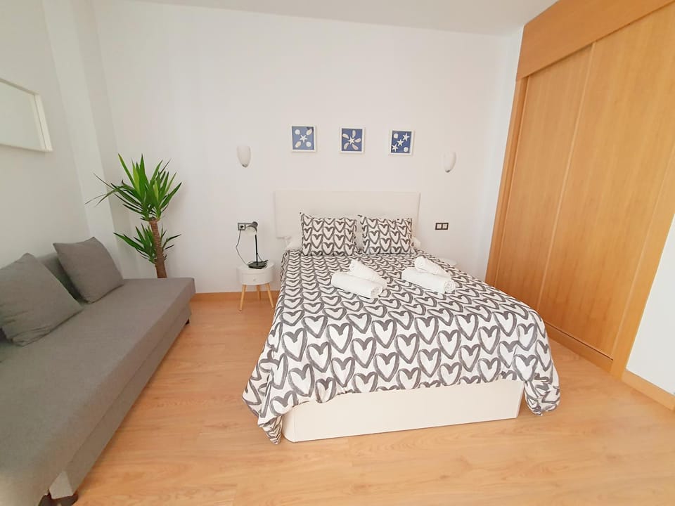 Bed, wardrobe