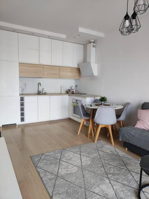 Kitchen or kitchenette, Living room, Seating area, Dining area, stove