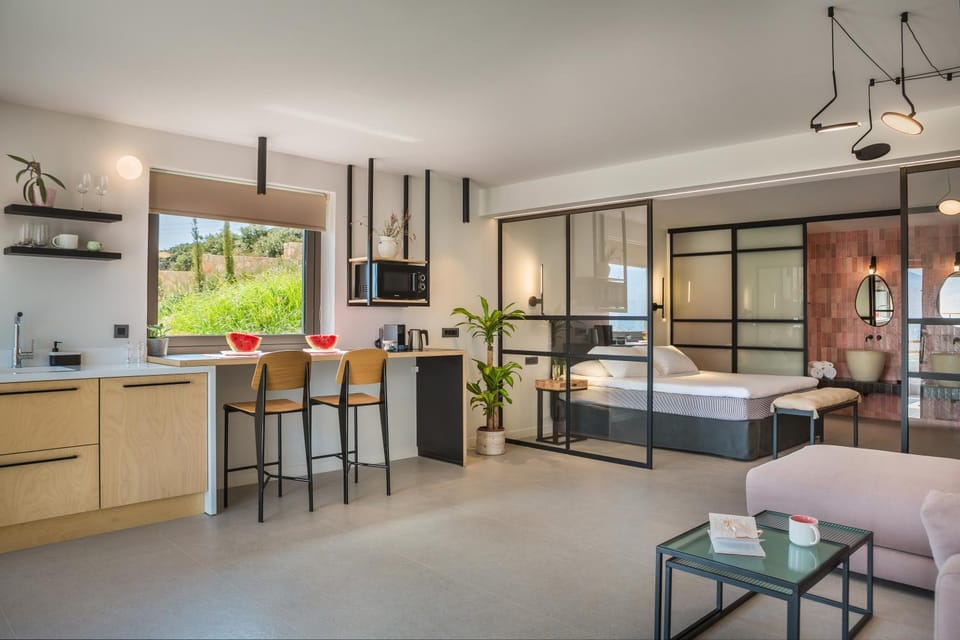 Kitchen or kitchenette, Living room, Seating area, Bedroom