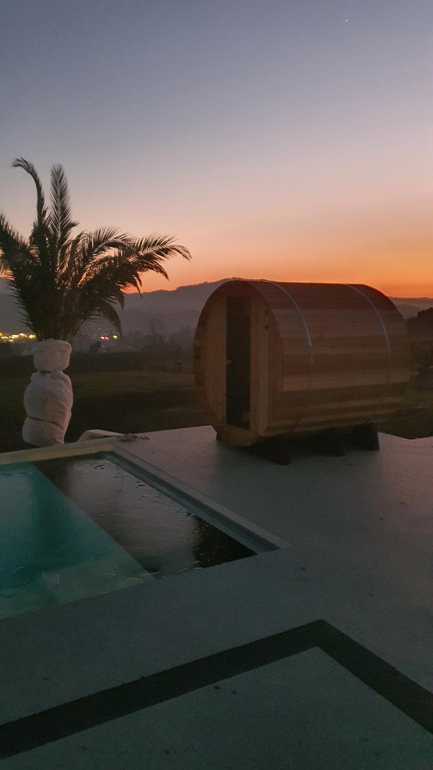 Natural landscape, Sauna, Sauna, Pool view, Sunset